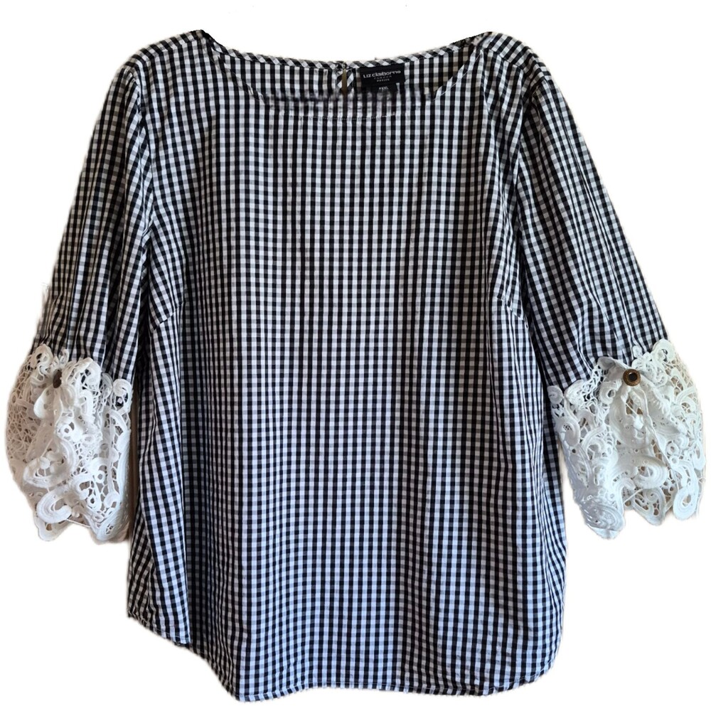 Liz Claiborne Women's Blouse Size PXXL Black White Gingham Cottage Core Petite